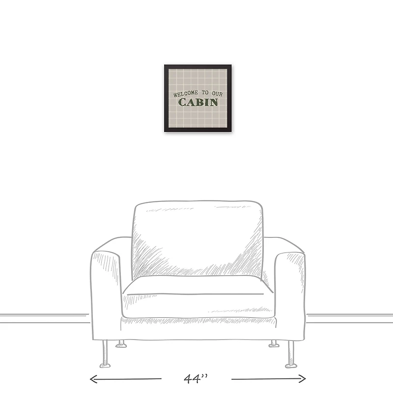 Welcome To Our Cabin Gray and White Check Canvas Wall Art in Black Frame