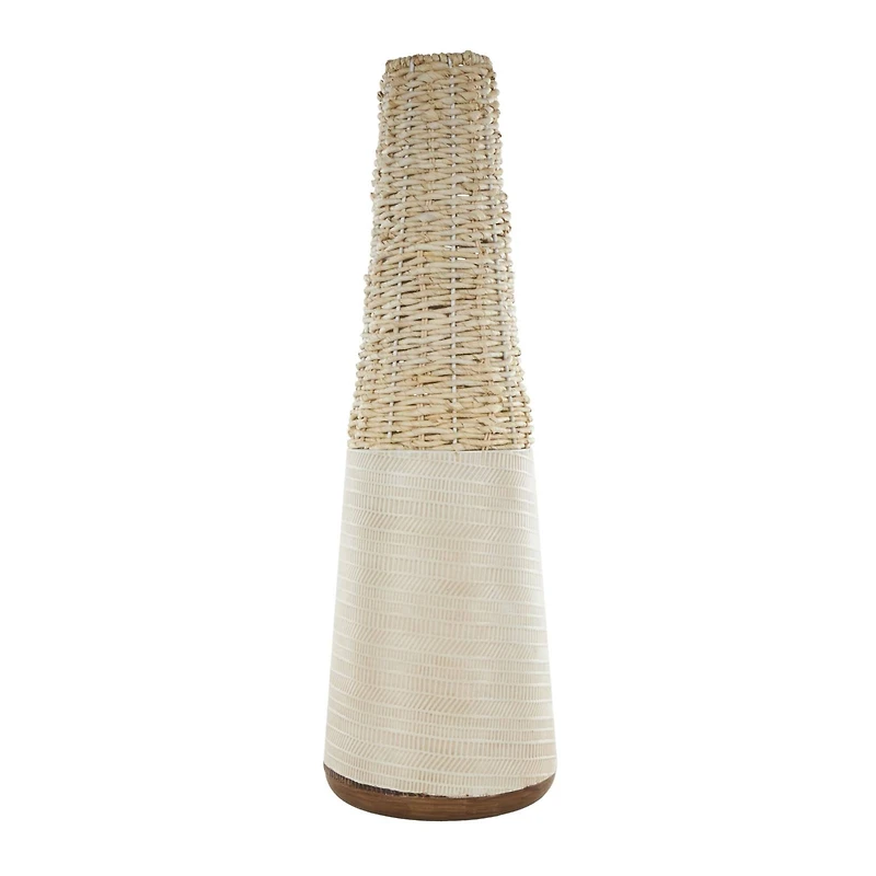 Light Brown Rattan Handmade Woven Vase with Beige Metal Base