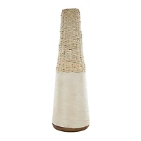 Light Brown Rattan Handmade Woven Vase with Beige Metal Base