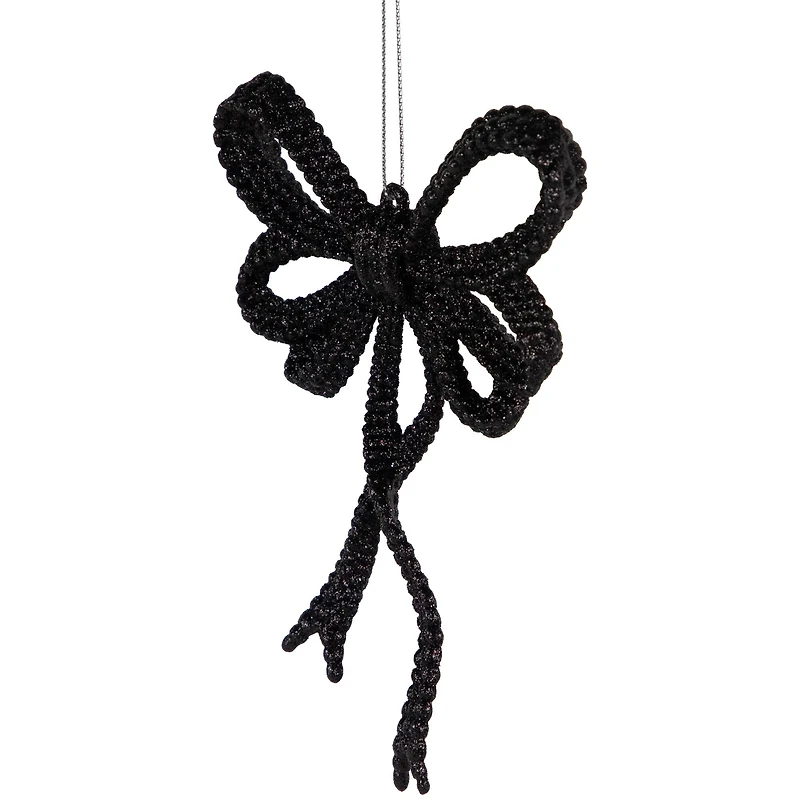 Set of 4 Black Glitter Bowtie Christmas Ornaments 6"