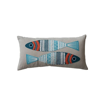 Hello Honey® 24" Multicolor Embroidered Fish Cotton Chambray Lumbar Pillow