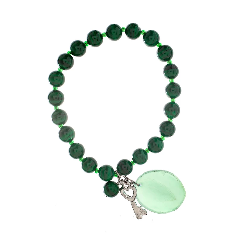 John Bead Malachite Natural Stone Stretch Bracelet with Agate & Key Charm