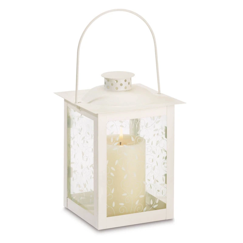 8" Large White Square Candle Lantern with Leaves