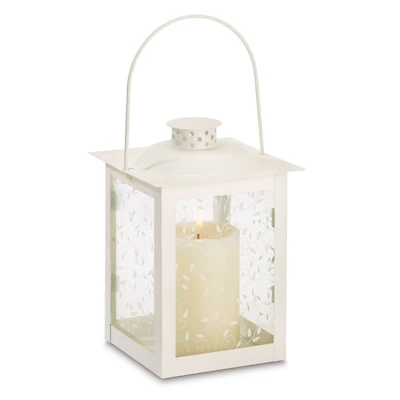 8" Large White Square Candle Lantern with Leaves