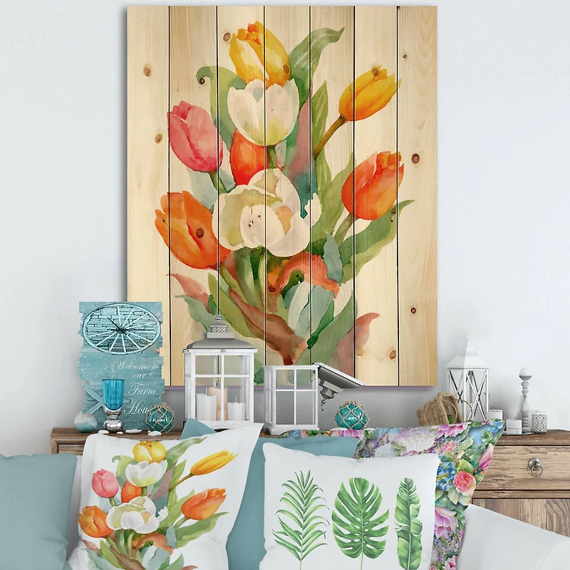 Designart - Blooming White and Orange Tulips Flower