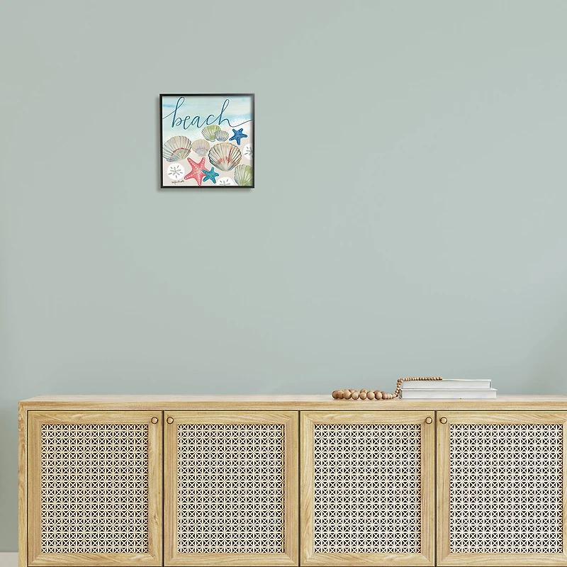 Stupell Industries Beach Calligraphy Seashells Clams Starfish Ocean Foam Framed Giclee Art