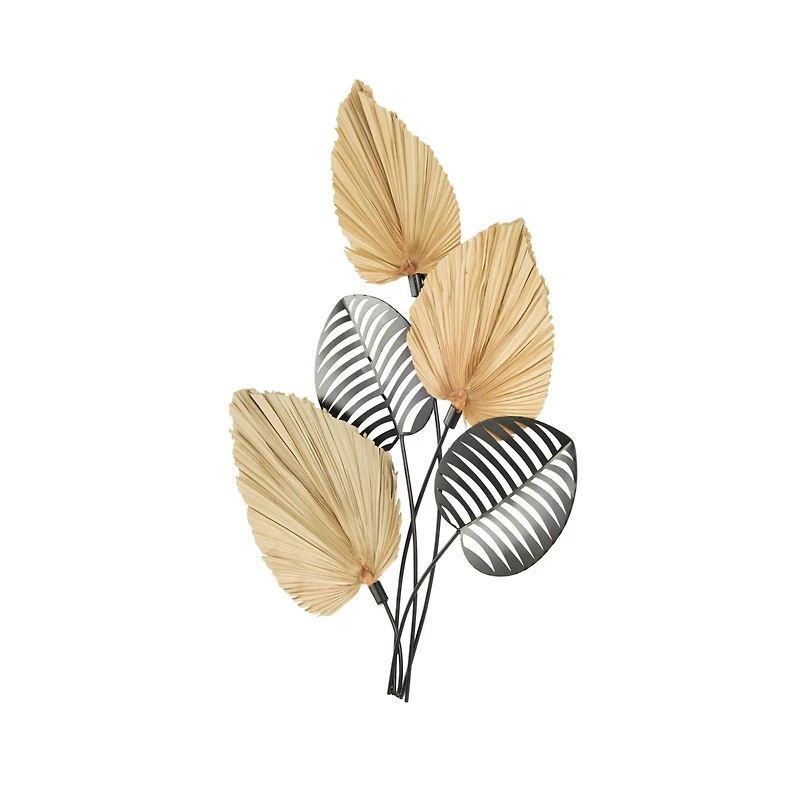 25" x 3" x 36" Brown Metal Leaf Layered Wall Decor with Palm Leave Accents