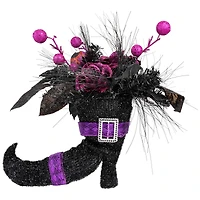 12" Black Witch's Boot with Purple Glittered Roses Halloween Decoration