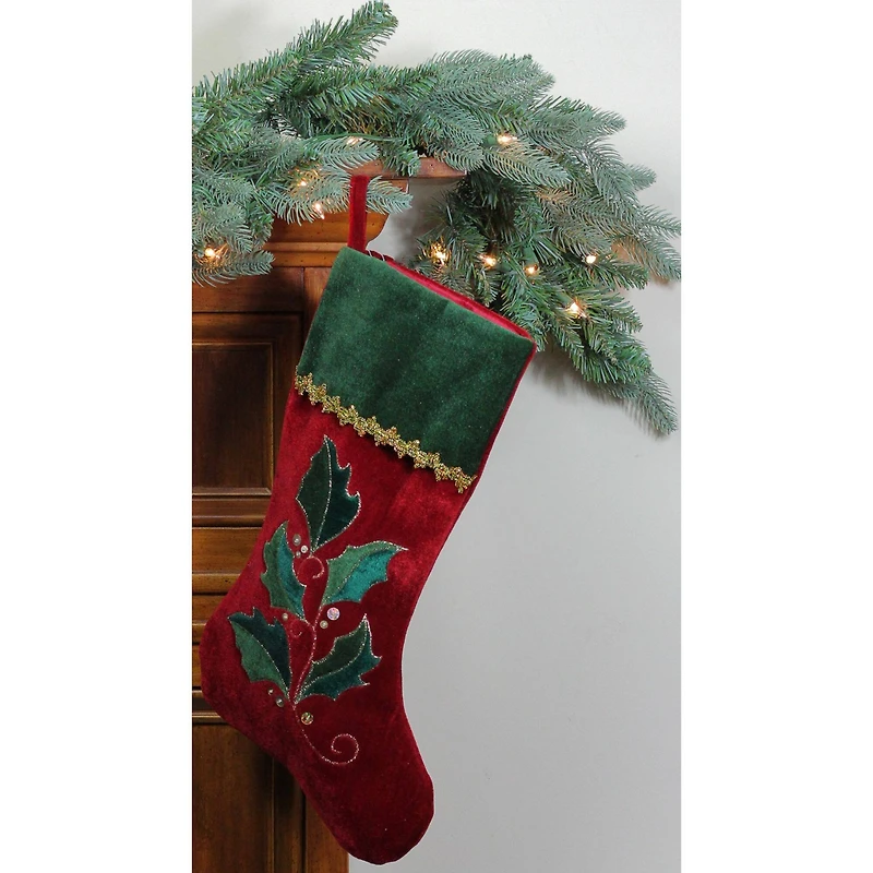 20.5" Holly Embroidered Velvet Stocking