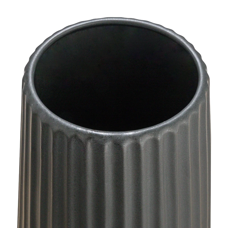 Hello Honey® 11.5" Matte Black Round Stoneware Fluted Vase with Embossed Lines