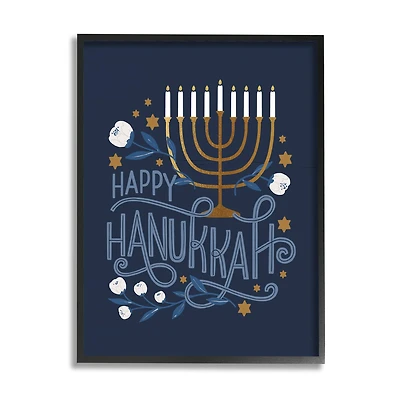 Stupell Industries Happy Hanukkah Traditional Menorah Symbols Framed Giclee Art