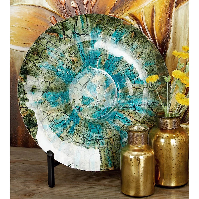 18" Green & Turquoise Glass Glam Decorative Plate with Stand