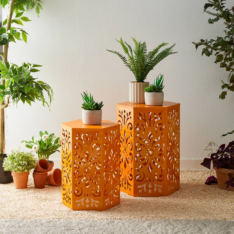 Glitzhome® Orange Floral Motif Hexagonal Garden Stool Set