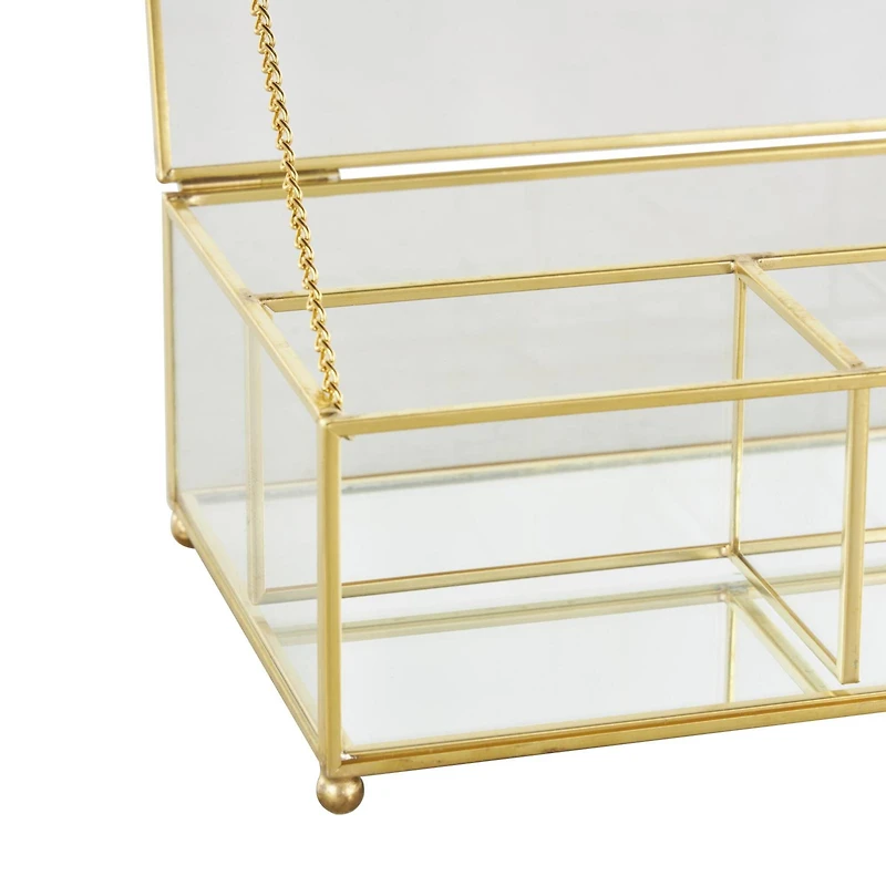 7" x 5" x 3" Clear & Gold 3-Slot Glass & Metal Jewelry Box with Chain Accent