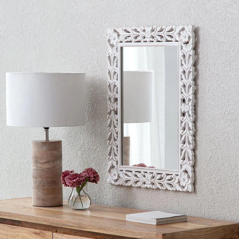 Habitat Calie 24" Distressed White Mirror with Carved Floral Frame