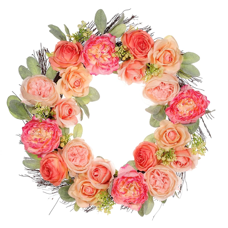 24" Spring Peach & Pink Peony & Rose Wreath