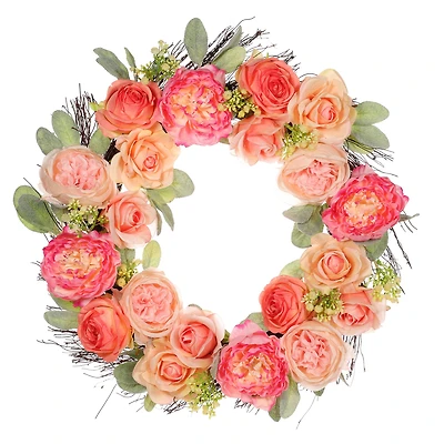 24" Spring Peach & Pink Peony & Rose Wreath