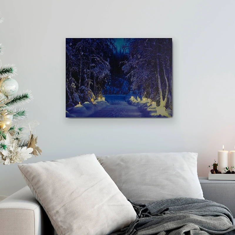 LED Lighted Nighttime In The Woods Winter Scene Canvas Wall Art