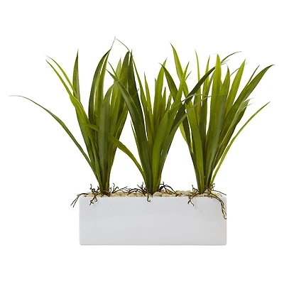 16" Grass in White Rectangular Planter