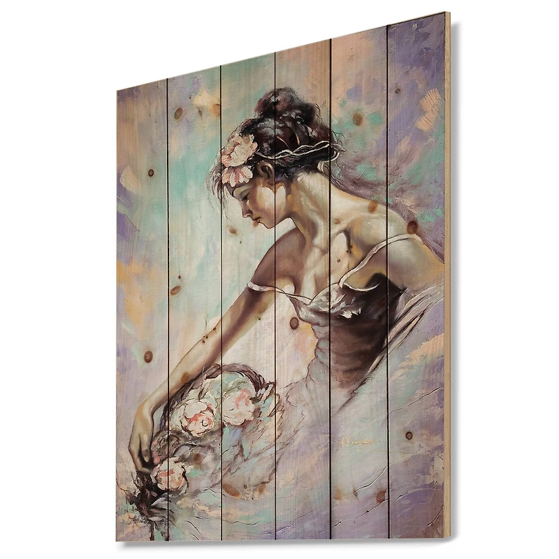 Designart - Girl with Flower Bouquet - Floral Art Print on Natural Pine Wood