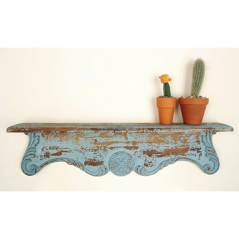 32" Blue Wood Rustic Wall Shelf