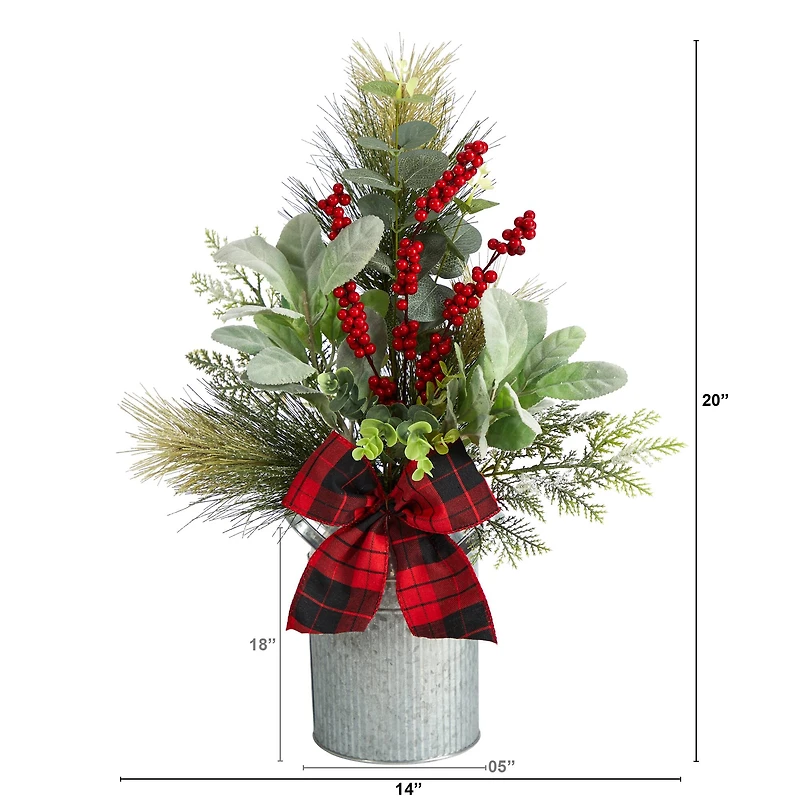 20" Holiday Winter Greenery, Pinecone & Berries with Bow Arrangement