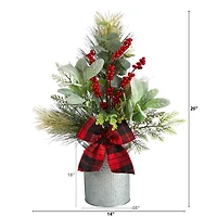 20" Holiday Winter Greenery, Pinecone & Berries with Bow Arrangement