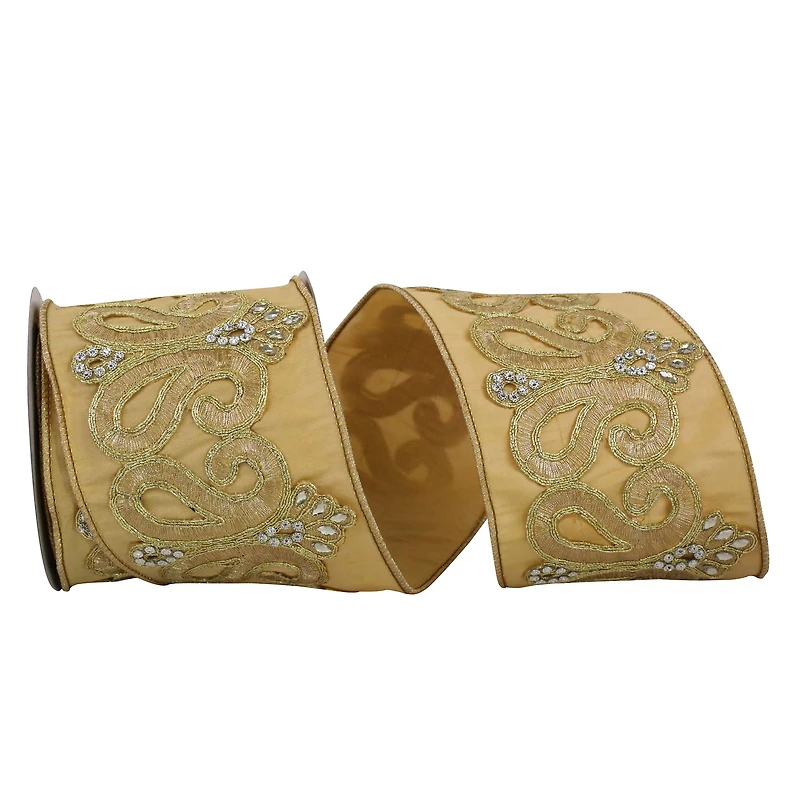 JAM Paper 4" x 5yd. Gold Jewel Scroll Trim Wired Dupioni Ribbon