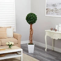 5ft. English Ivy Single Ball Artificial Topiary Tree in White Metal Planter UV Resistant (Indoor/Outdoor)