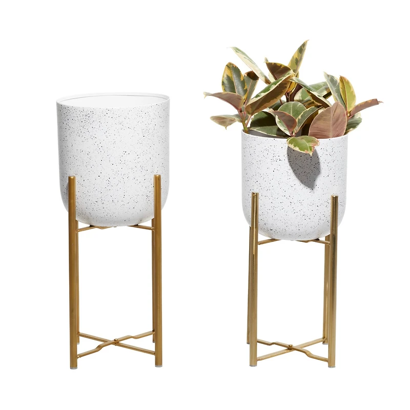 Set of 2 White Metal Contemporary Planter, 20", 22"