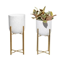 Set of 2 White Metal Contemporary Planter, 20", 22"