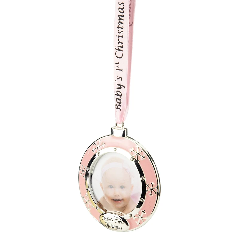 Pink & Silver Baby's First Christmas Crystal Embellished Photo Ornament