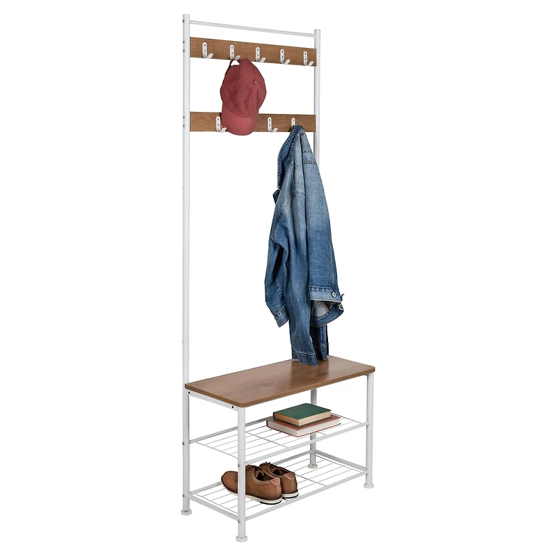 Honey Can Do White & Walnut Entryway Hall Tree with Bench & Shoe Storage
