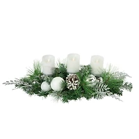 30" Green Pine & Needle Triple Candle Holder with Pinecones & Christmas Ornaments
