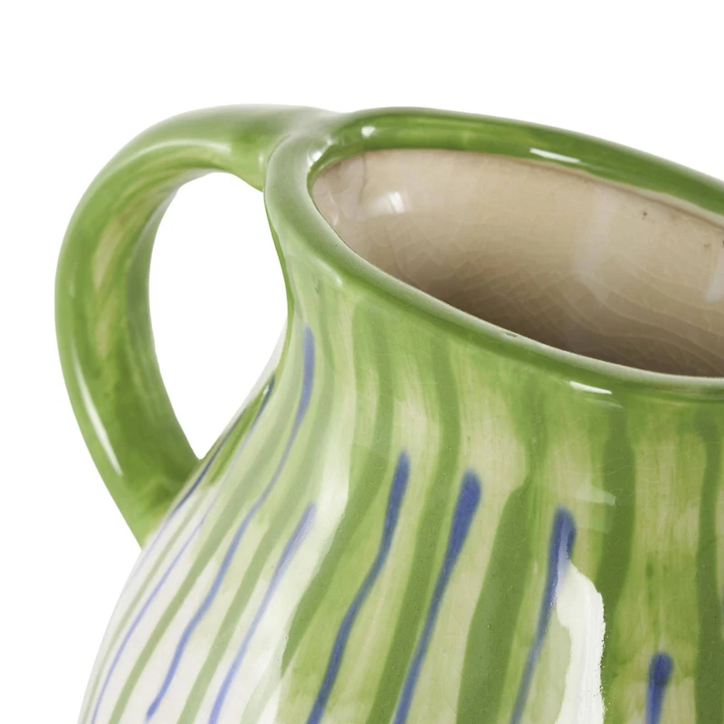 11" White, Green & Blue Drip Design Ceramic Vase with Handle