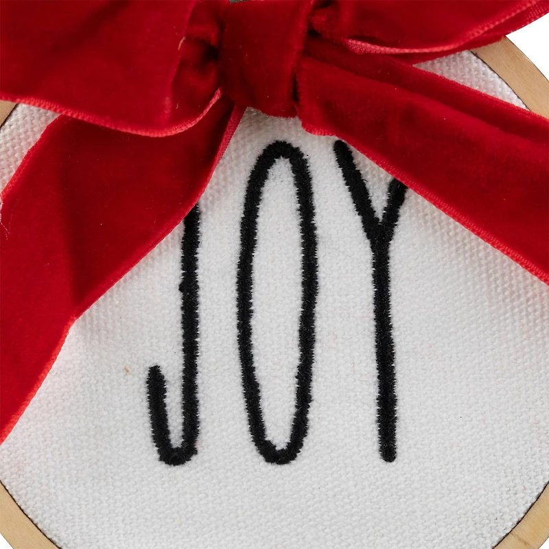 Embroidered Joy with Bow Wooden Disc Christmas Ornament - 4.5" - Red and White