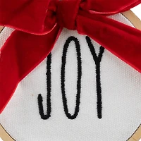 Embroidered Joy with Bow Wooden Disc Christmas Ornament - 4.5" - Red and White
