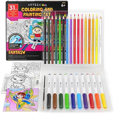 Arteza® Kids Canvas Paint Kit, 3 canvas 4x4 in, Watercolor pencils and markers, Fantasy