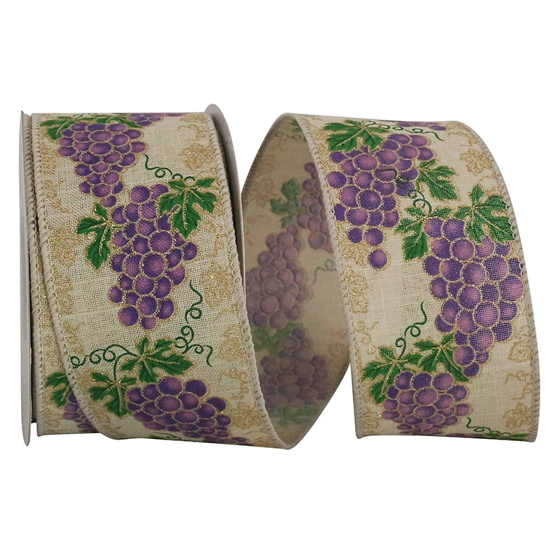 JAM Paper 2.5" x 10yd. Faux Linen Sparkle Wired Grapes & Vines Ribbon