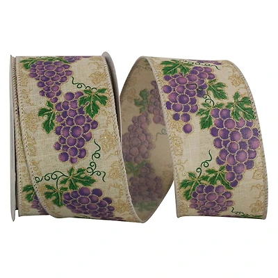 JAM Paper 2.5" x 10yd. Faux Linen Sparkle Wired Grapes & Vines Ribbon