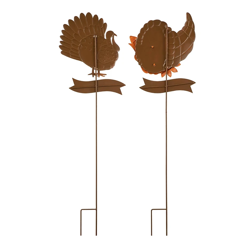 Glitzhome® 36.25" Thanksgiving Metal Turkey & Croissant Yard Stake Set