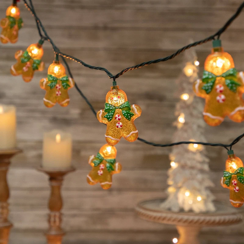 10ct. Gingerbread Man Christmas String Lights with Green Wire