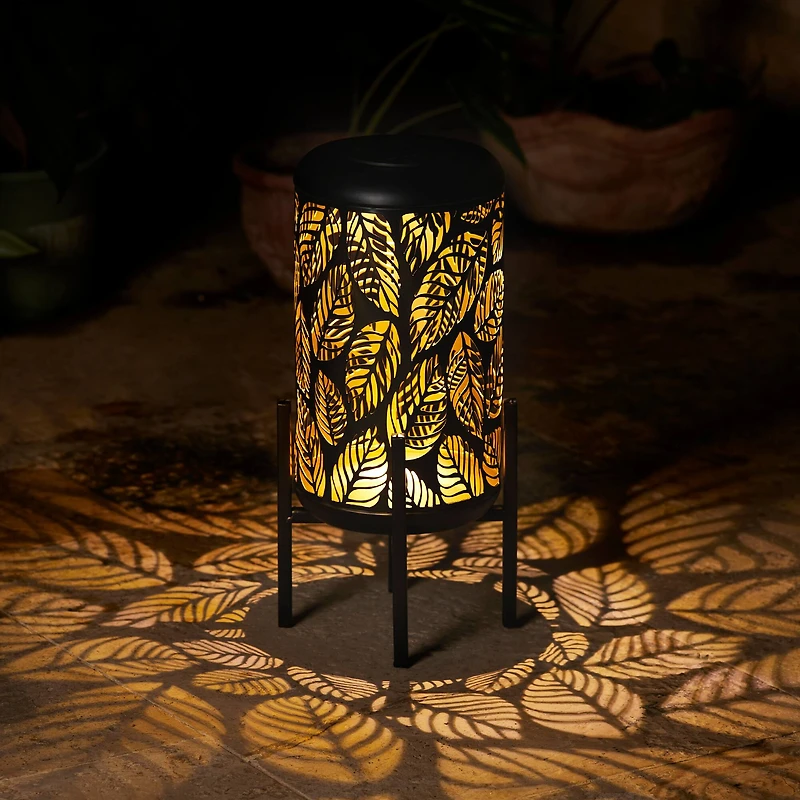 Glitzhome® 14.25" Black Metal Cutout Leaves Pattern Solar Powered LED Outdoor Lantern