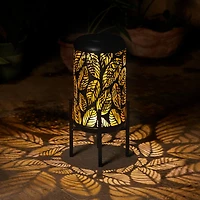 Glitzhome® 14.25" Black Metal Cutout Leaves Pattern Solar Powered LED Outdoor Lantern