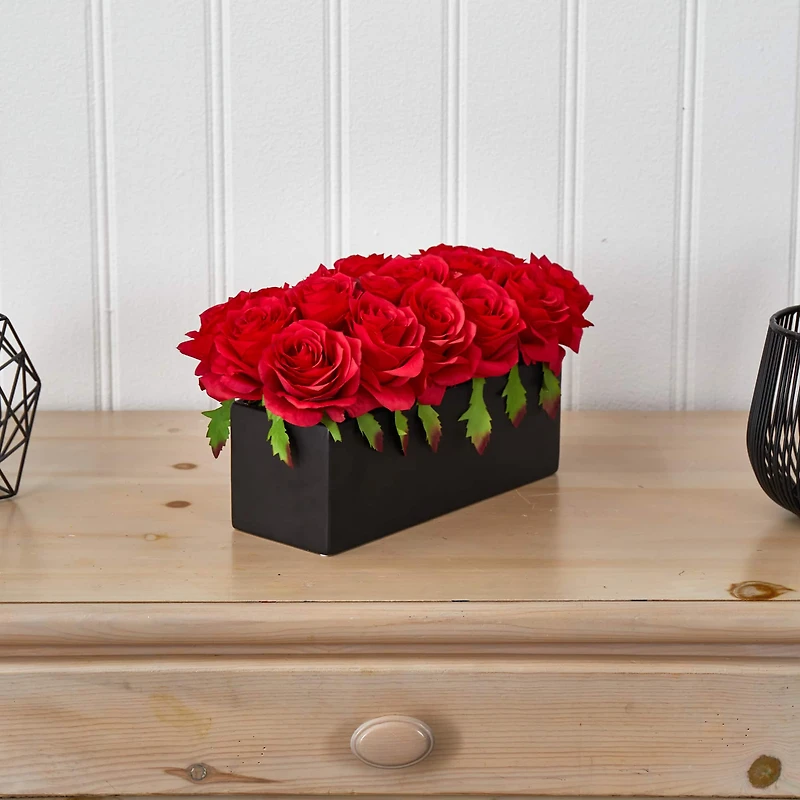 12.5" Dozen Silk Roses in Ceramic Rectangular Planter