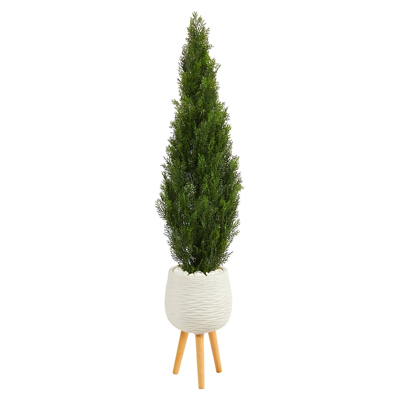5ft. Cedar Artificial Tree in White Planter with Stand (Indoor/Outdoor)