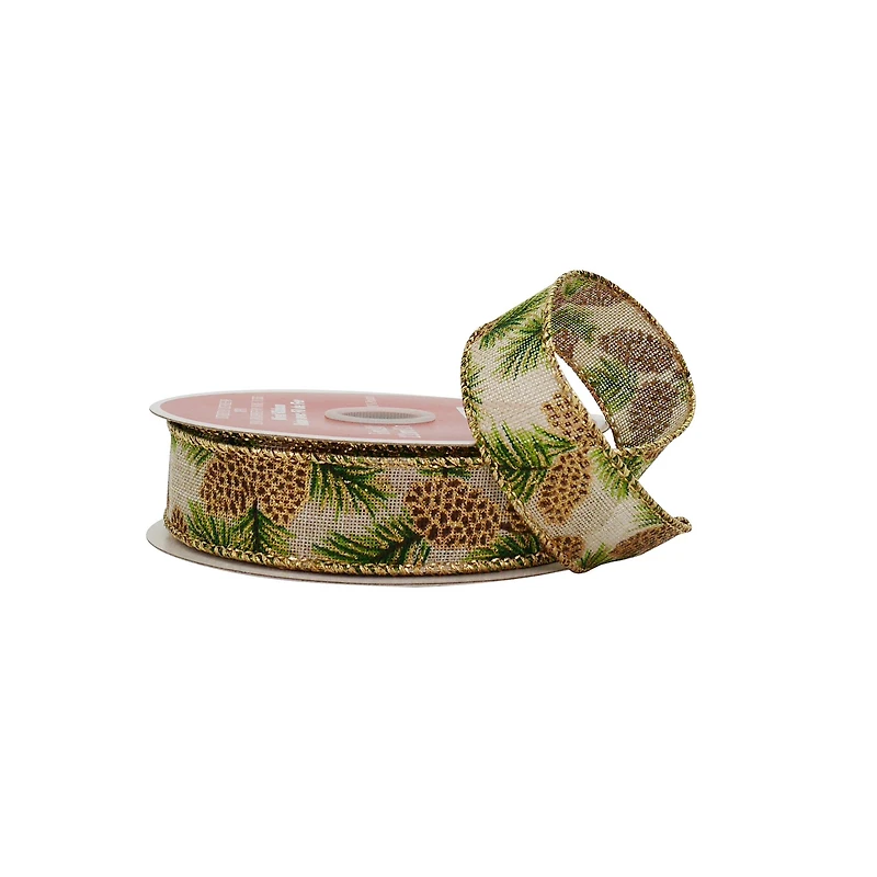7/8" x 24ft. Pinecone Faux Linen Wired Ribbon by Celebrate It®