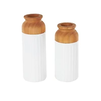 White & Brown Grooved Texture Metal & Wood Vase Set
