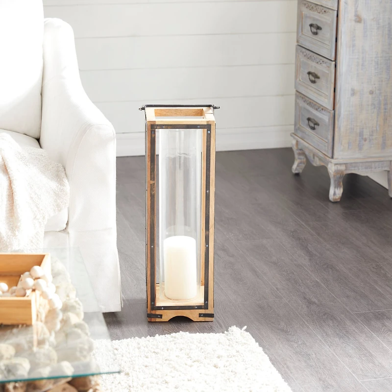 Brown Mango Wood Traditional Candle Holder Lantern, 31" x 8" x 8"