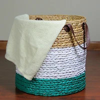 21" Beige, White & Teal Braided Wicker Basket with Handles